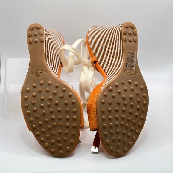TOD’S Orange & Beige Espadrille Wedge Heels Italian Suede & Patent Leather NWT - Picture 14 of 16